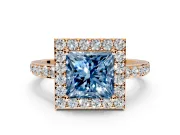 Halo Engagement Ring Setting for Fancy Blue Princess Cut Center with Heart-Shaped Openwork, Pave Band and Prong Head in Rose Gold
