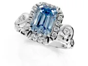 Halo Engagement Ring Setting for Fancy Blue Emerald Cut Center with Open Scroll Shoulders and Prong Head in Platinum