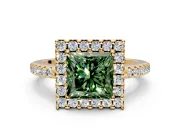 Pave Halo Engagement Ring Setting for Fancy Green Princess Cut Center with Single Row Pave Band and Prong Head in Yellow Gold