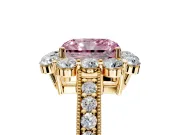Halo Engagement Ring Setting for Fancy Pink Radiant Cut Center with Milgrain Channel Band and Prong Head in Yellow Gold
