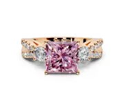 3 Stone Engagement Ring Setting for Fancy Pink Princess Cut Center with Pave Split Shank and Prong Head in Rose Gold