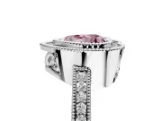 Halo Engagement Ring Setting for Fancy Pink Heart-Shaped Center with Milgrain Halo, Pave Band and Prong Head in Platinum