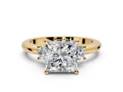 3 Stone Engagement Ring Setting for Princess Cut Center with Wide Plain Band and Prong Head in Yellow Gold