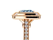Halo Engagement Ring Setting for Fancy Blue Princess Cut Center with Milgrain Frame, Pave Band and Prong Head in Rose Gold