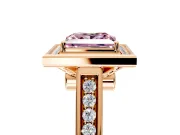 Halo Engagement Ring Setting for Fancy Pink Princess Cut Center with Outer Bezel Rim, Pave Band and Prong Head in Rose Gold