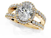 Halo Engagement Ring Setting for Oval Center with Wide-Open Pave Split Shank and Prong Head in Yellow Gold