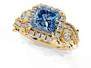 Milgrain Halo Engagement Ring Setting for Fancy Blue Princess Cut Center with Shoulder Bezels and Prong Head in Yellow Gold