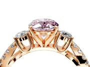 3 Stone Engagement Ring Setting for Fancy Pink Oval Center with Pave Split Shank and Prong Head in Rose Gold