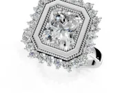 Halo Engagement Ring Setting for Radiant Cut Center with Milgrain Bezel Rim, Plain Band and Prong Head in Sterling Silver