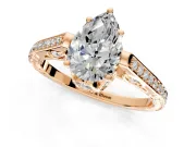 Cathedral Engagement Ring Setting for Pear-Shaped Center with Antique-Style Pave Band and Prong Head in Rose Gold