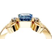 Solitaire Engagement Ring Setting for Fancy Blue Emerald Cut Center with Twisted Band and Scroll Prong Head in Yellow Gold