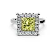 Single Halo Engagement Ring Setting for Fancy Yellow Princess Cut Center with Corner Claws, Plain Band and Prong Head in White Gold