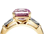 3 Stone Engagement Ring Setting for Fancy Pink Asscher Cut Center with Tapered Baguettes, Plain Band and Prong Head in Yellow Gold