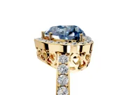 Halo Engagement Ring Setting for Fancy Blue Heart-Shaped Center with Heart-Shaped Openwork, Pave Band and Prong Head in Yellow Gold