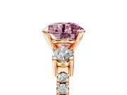 3 Stone Engagement Ring Setting for Fancy Pink Round Cut Center with Round Cut Side Accents and Prong Head in Rose Gold