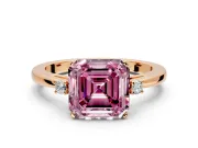 3 Stone Engagement Ring Setting for Fancy Pink Asscher Cut Center with Low-Set Round Cut Accents and Prong Head in Rose Gold