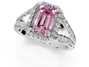 Halo Engagement Ring Setting for Fancy Pink Emerald Cut Center with Narrow Pave Split Shank and Prong Head in Platinum