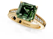 Engraved Engagement Ring Setting for Fancy Green Asscher Cut Center with Milgrain Pave Band and Prong Head in Yellow Gold
