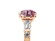 Bar-Set Engagement Ring Setting for Fancy Pink Round Cut Center with Tapered Baguette Accents and Prong Head in Rose Gold