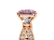 3 Stone Engagement Ring Setting for Fancy Pink Radiant Cut Center with Pave Twist Band and Prong Head in Rose Gold