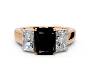 3 Stone Engagement Ring Setting for Fancy Black Radiant Cut Center with Raised Basket Heads and Prong Head in Rose Gold