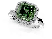 Halo Engagement Ring Setting for Fancy Green Asscher Cut Center with Pave and Plain Twist Band and Prong Head in White Gold
