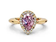 Halo Engagement Ring Setting for Fancy Pink Pear-Shaped Center with Tapered Plain Band and Prong Head in Yellow Gold