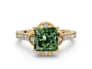 Floral Engagement Ring Setting for Fancy Green Princess Cut Center with Pave Band and Floral Prong Head in Yellow Gold
