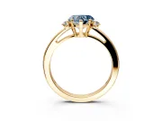 3 Stone Engagement Ring Setting for Fancy Blue Heart-Shaped Center with Low-Set Round Cut Accents and Prong Head in Yellow Gold