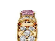 Pave Engagement Ring Setting for Fancy Pink Cushion Cut Center with Curved Accent Rows, Openwork and Prong Head in Yellow Gold