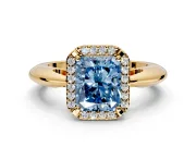 Halo Engagement Ring Setting for Fancy Blue Radiant Cut Center with Tapered Plain Band and Prong Head in Yellow Gold