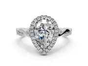Halo Engagement Ring Setting for Pear-Shaped Center with Twist Band and Prong Head in Platinum