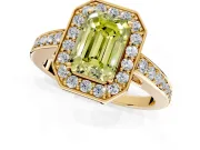 Bezel-Framed Halo Engagement Ring Setting for Fancy Yellow Emerald Cut Center with Pave Band and Prong Head in Yellow Gold
