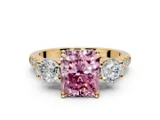 3 Stone Engagement Ring Setting for Fancy Pink Radiant Cut Center with Crossover Basket, Pave Band and Prong Head in Yellow Gold