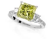 3 Stone Engagement Ring Setting for Fancy Yellow Princess Cut Center with Round Cut Side Accents and Prong Head in White Gold