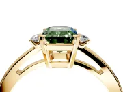 3 Stone Engagement Ring Setting for Fancy Green Emerald Cut Center with Low-Set Round Cut Accents and Prong Head in Yellow Gold