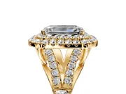 Double Halo Engagement Ring Setting for Emerald Cut Center with Narrow Pave Split Shank and Prong Head in Yellow Gold