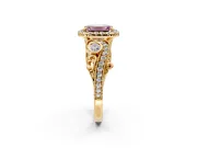 Milgrain Halo Engagement Ring Setting for Fancy Pink Emerald Cut Center with Shoulder Bezels and Prong Head in Yellow Gold