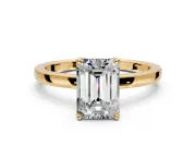 Solitaire Engagement Ring Setting for Emerald Cut Center with Thin Rounded Plain Band and Prong Head in Yellow Gold