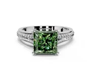 Solitaire Engagement Ring Setting for Fancy Green Princess Cut Center with Pave Rail Split Shank and Prong Head in White Gold