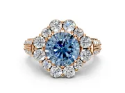 Large Accent Halo Engagement Ring Setting for Fancy Blue Round Cut Center with Pave Split Shank and Prong Head in Rose Gold