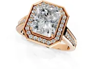 Halo Engagement Ring Setting for Emerald Cut Center with Outer Bezel Rim, Pave Band and Prong Head in Rose Gold