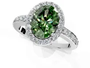 Halo Engagement Ring Setting for Fancy Green Oval Center with Heart-Shaped Openwork, Pave Band and Prong Head in Sterling Silver