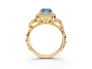 Halo Engagement Ring Setting for Fancy Blue Cushion Cut Center with Open Scroll Shoulders and Prong Head in Yellow Gold