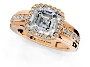 Halo Engagement Ring Setting for Asscher Cut Center with Wide Band, Inlaid Accent Row and Prong Head in Rose Gold