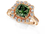 Milgrain Halo Engagement Ring Setting for Fancy Green Cushion Cut Center with Bezel Point Accents and Prong Head in Rose Gold