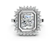 Halo Engagement Ring Setting for Radiant Cut Center with Milgrain Bezel Rim, Plain Band and Prong Head in Sterling Silver