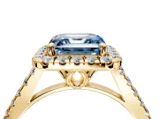Halo Engagement Ring Setting for Fancy Blue Asscher Cut Center with Raised Halo, Pave Band and Prong Head in Yellow Gold