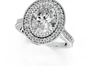 Halo Engagement Ring Setting for Oval Center with Milgrain Frame, Pave Band and Prong Head in White Gold