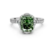 Halo Engagement Ring Setting for Fancy Green Radiant Cut Center with Openwork Halo, Pave Band and Prong Head in Sterling Silver